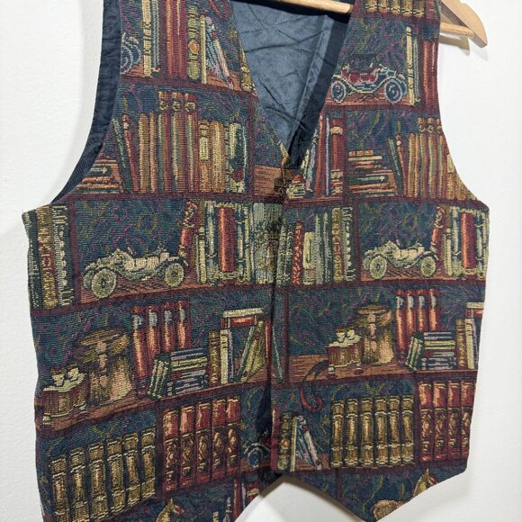 Vintage Conterio Tapestry Vest Books Bookshelf Library Academia - Picture 2 of 4